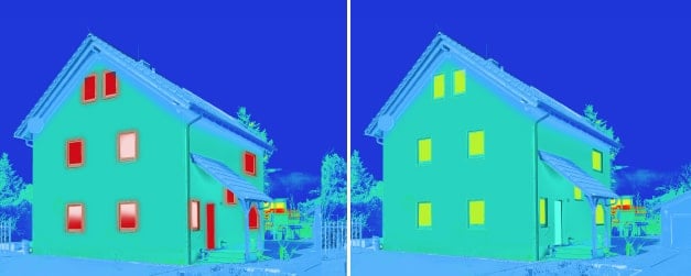 Thermal image of before and after installation of energy-efficient windows and doors. Polar Bear Windows